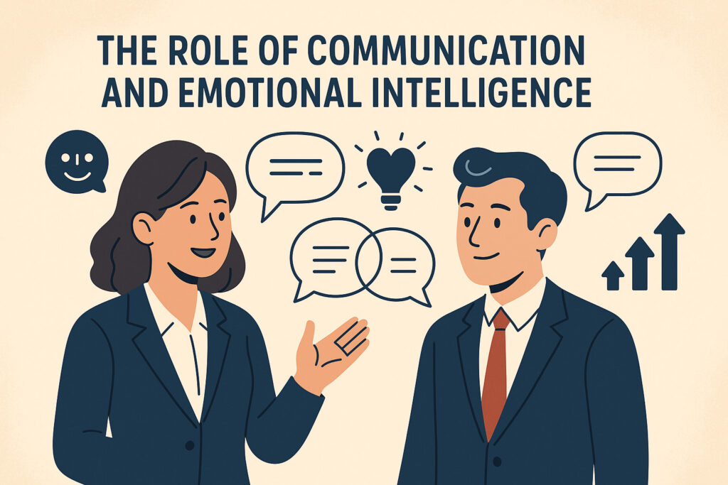 Illustration of a professional man and woman discussing communication and emotional intelligence with icons like speech bubbles, heart, lightbulb, and growth arrows. xpodcasts | Abhishek tanwar