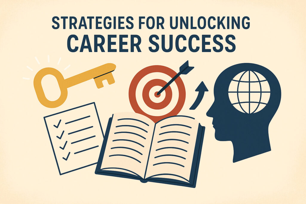 Illustration of career success strategies showing a golden key, target with arrow, checklist, open book, and human head with a globe icon, symbolizing learning and professional growth. xpodcasts | Abhishek tanwar