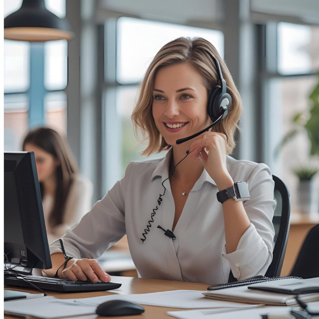 Smiling customer service representative wearing a headset, demonstrating strong communication and interpersonal soft skills in a modern office environment. Abhishek Tanwar | xpodcasts