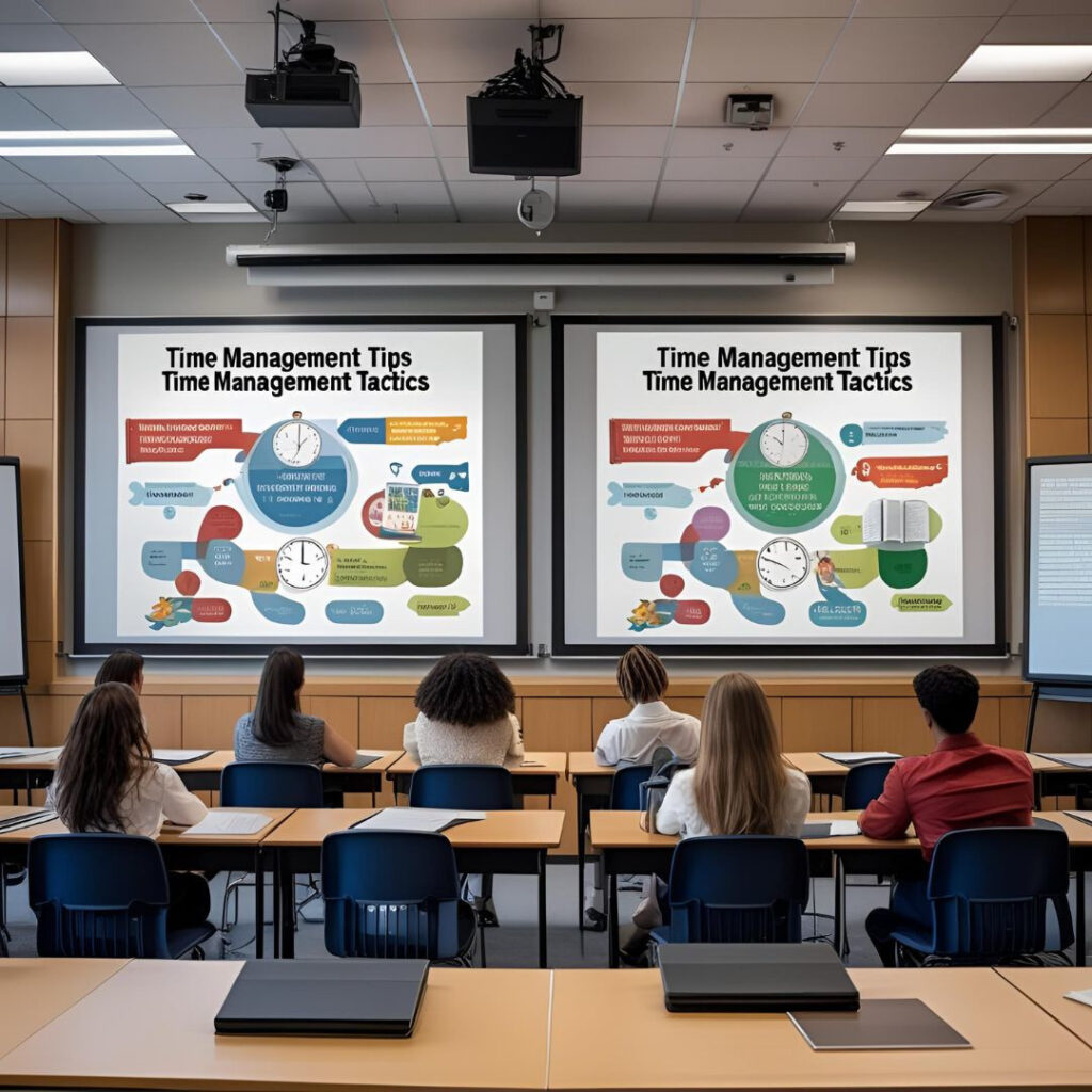 A group of students in a classroom viewing twin projector screens displaying colorful infographics on Time Management Tips and Tactics, emphasizing productivity strategies and timeboxing methods. | xpodcasts |Abhishek tanwar