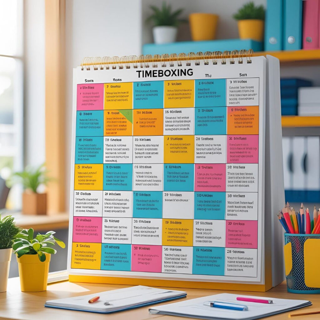 A brightly colored desk calendar showing a detailed timeboxing schedule with color-coded blocks for each day, placed on a desk with notebooks, plants, and stationery in a modern workspace. | xpodcasts | Abhishek tanwar