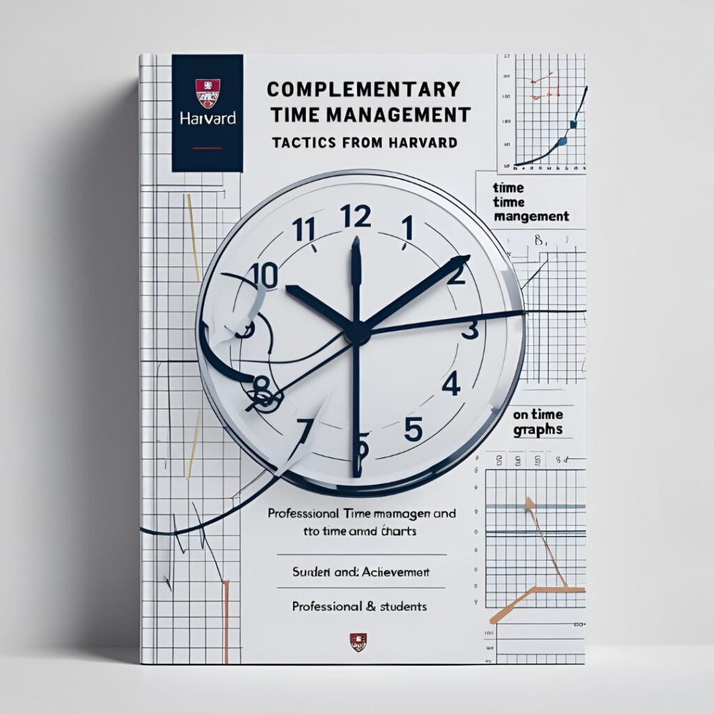 Book cover titled 'Complementary Time Management: Tactics from Harvard' with a large analog clock, various performance graphs, and academic chart visuals, emphasizing productivity and time management for professionals and students.| xpodcasts| Abhishek tanwar